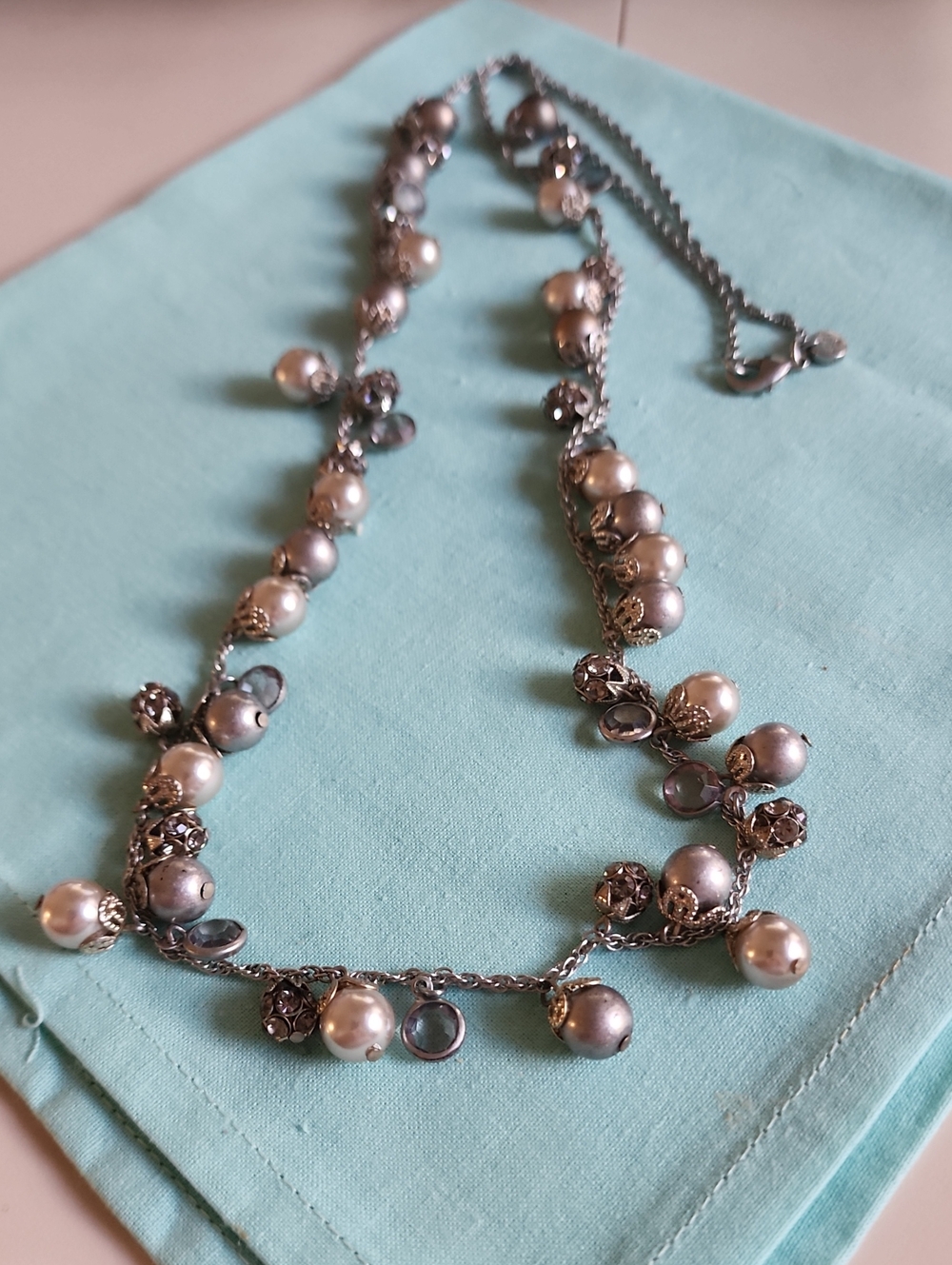Vintage-Inspired Silver, Crystal, Gray & White Pearl Drop Necklace